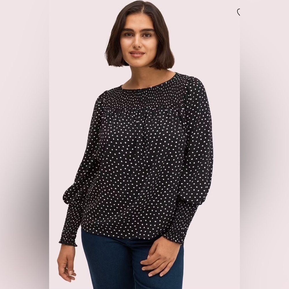 Kate Spade Heartbeat‎ Black White Heart Smocked Long Sleeve Blouse Top Sz XS